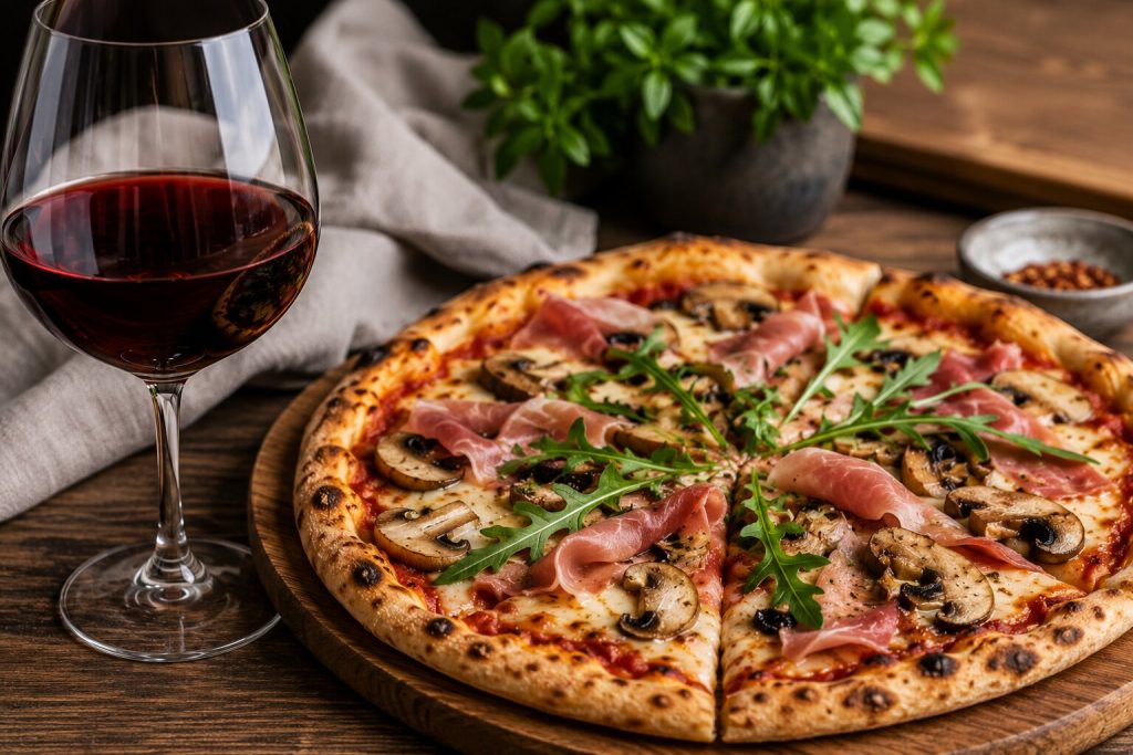 Pizza med sopp, prosciutto og ruccola servert med et glass Pinot Noir.