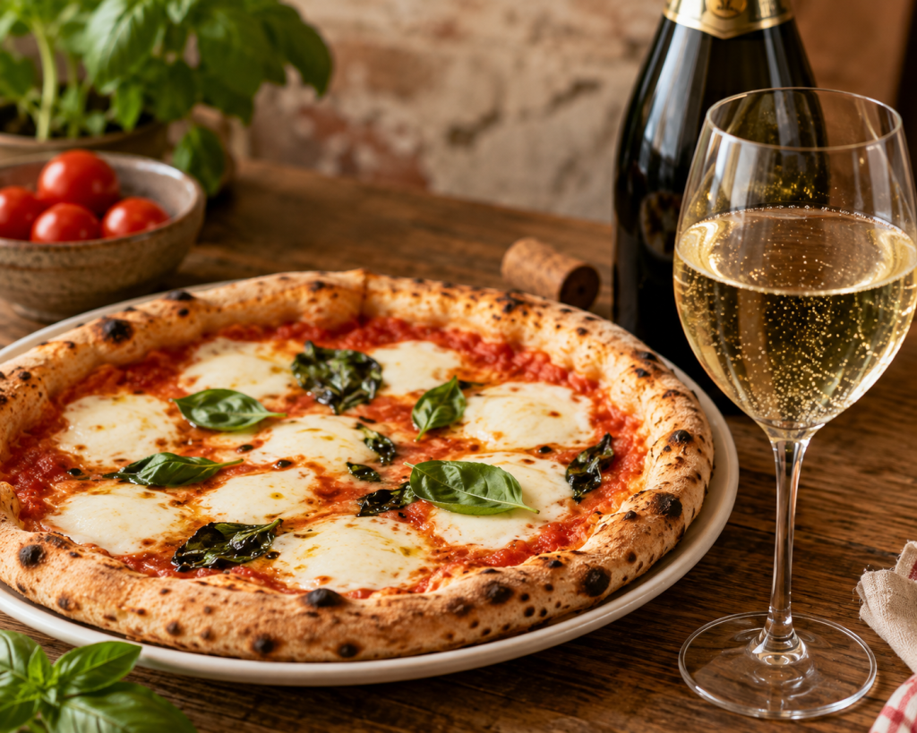 Klassisk Margherita-pizza med tomatsaus, mozzarella og basilikum servert med et glass Prosecco.