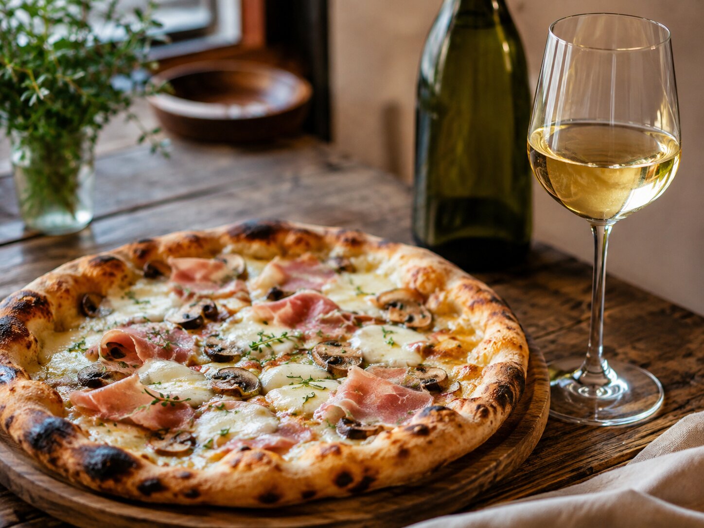 Pizza med skinke, sopp og ost servert med et glass Riesling.