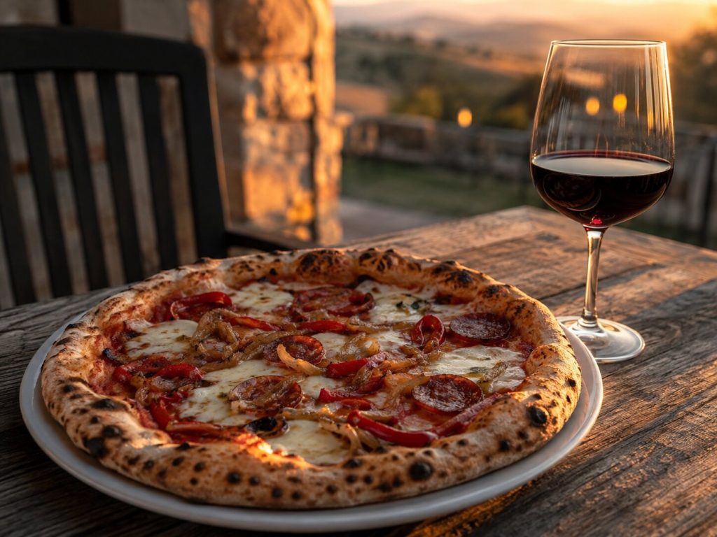 Pizza med salami, paprika, løk og mozzarella servert med et glass Rioja.