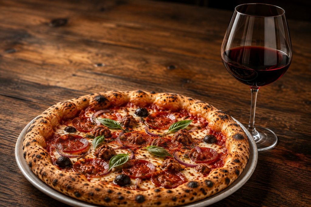 Pizza med salami, kjøtt, oliven og mozzarella servert med et glass rødvin.