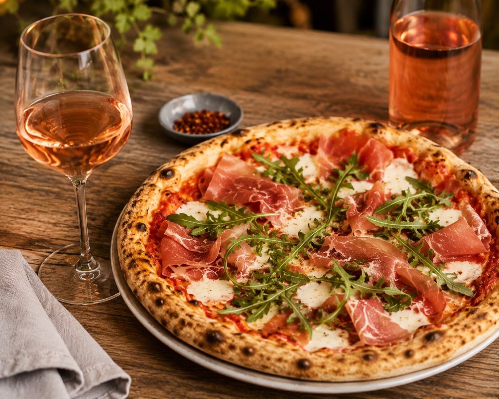 Pizza med prosciutto, mozzarella og ruccola servert med et glass rosévin.