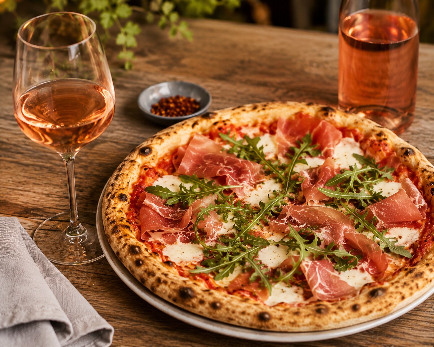 Pizza med prosciutto, mozzarella og ruccola servert med et glass rosévin.