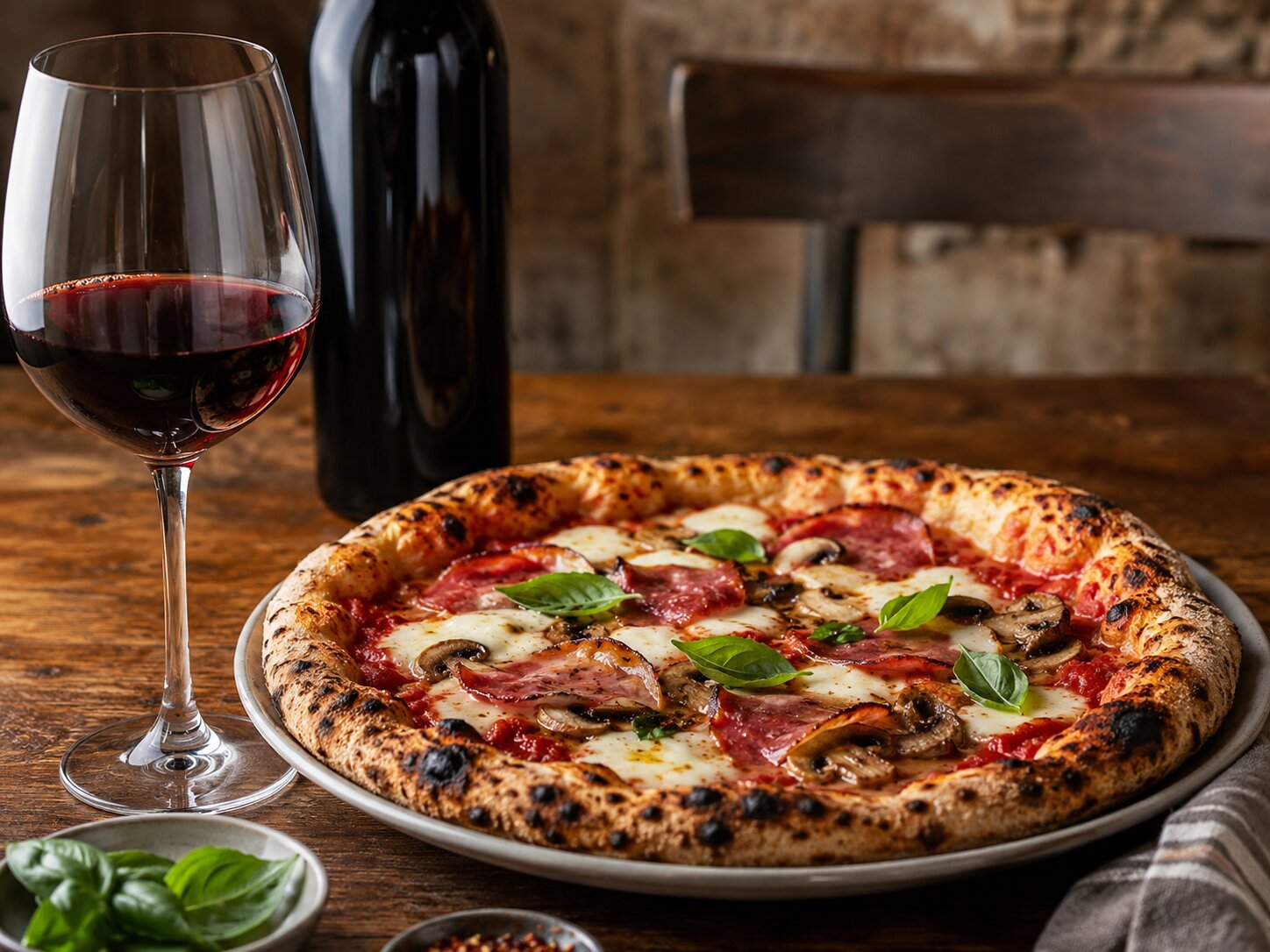 Pizza med salami, sopp, mozzarella og basilikum servert med et glass Sangiovese.