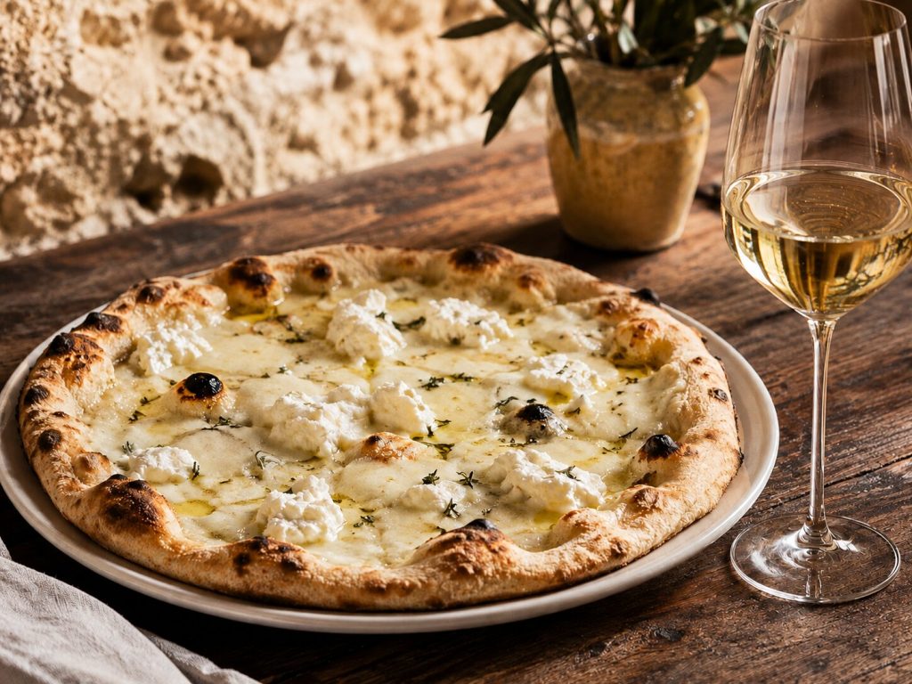 Pizza bianca med kremet ost og ricotta servert med et glass Soave.