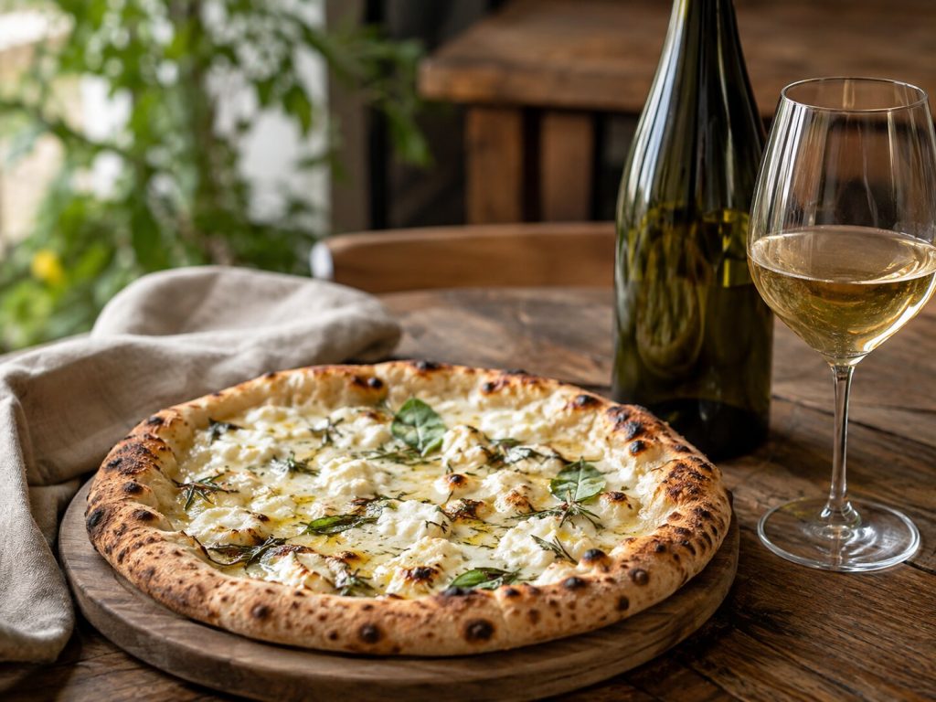 Pizza bianca med mozzarella, ricotta og friske urter servert med et glass sør-afrikansk Chenin Blanc.
