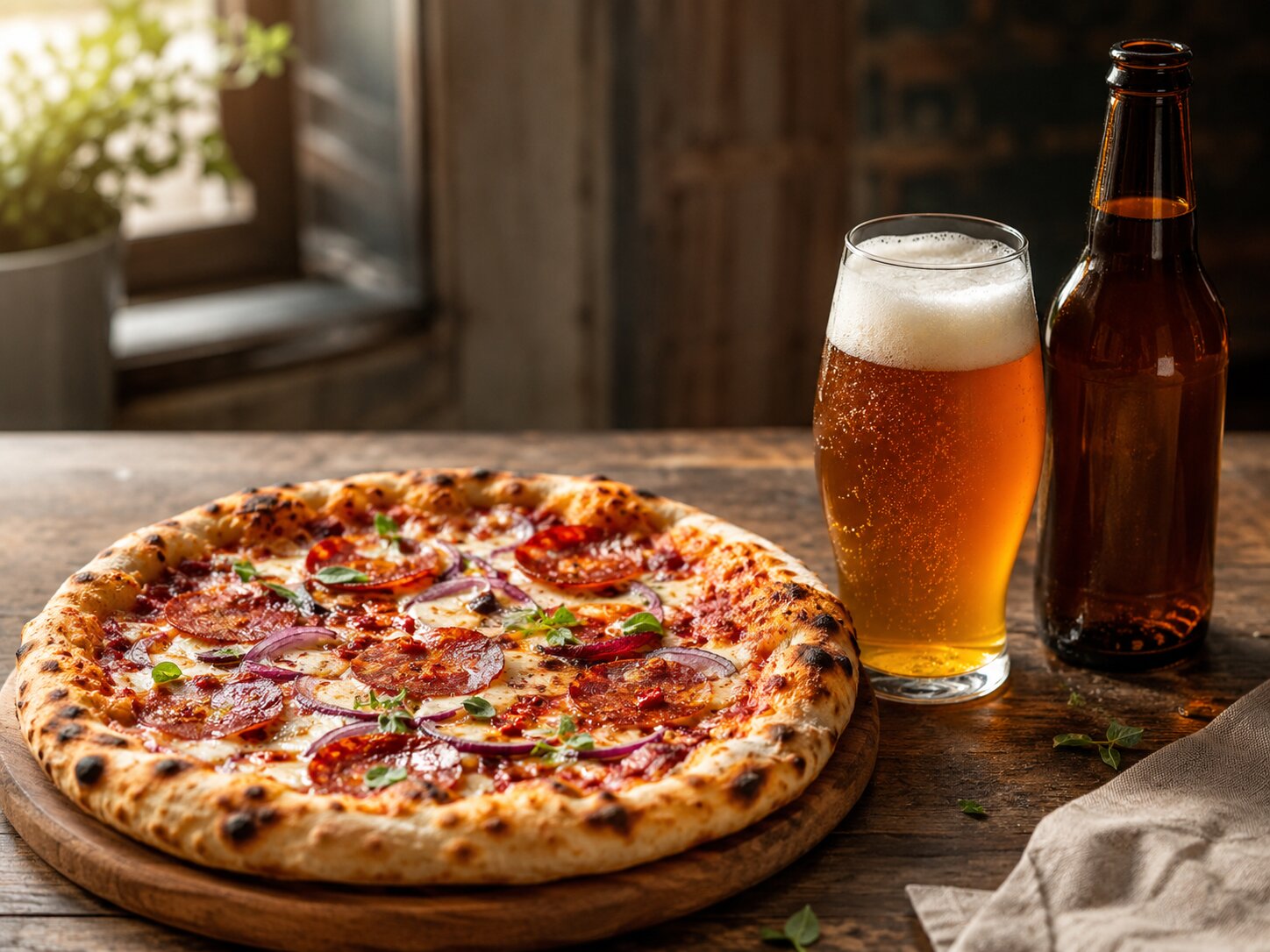 Triple IPA og pizza med pepperoni, jalapeño og basilikum