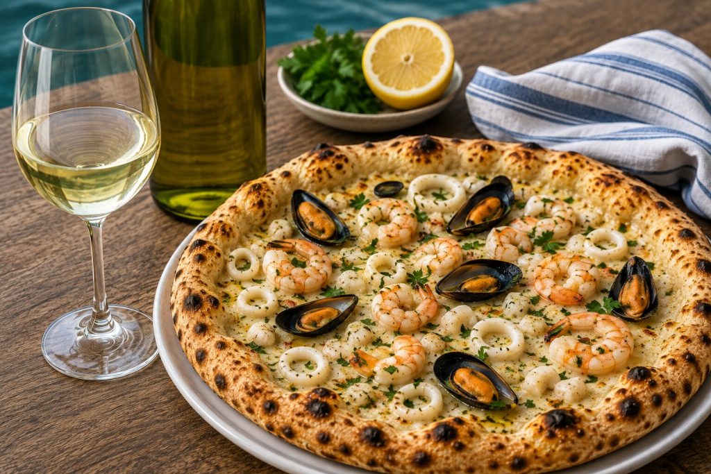 Sjømatpizza med reker, blåskjell og calamari servert med et glass Txakoli.