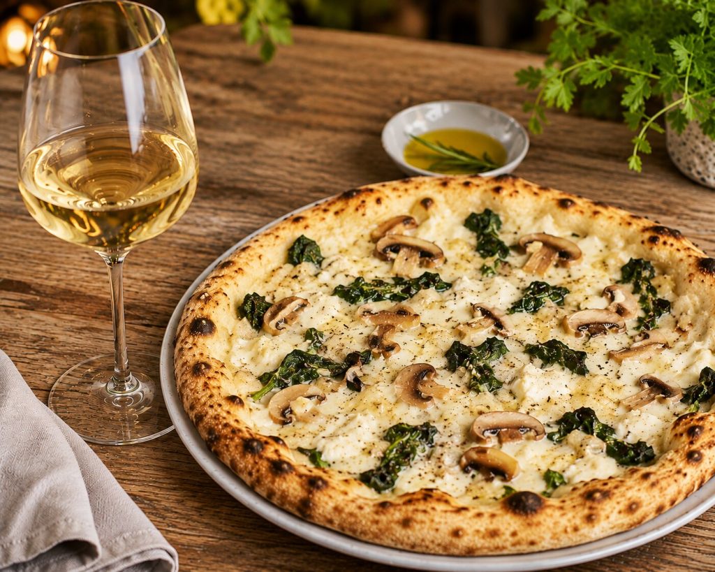 Hvit pizza med sopp, grønne blader og kremet ost servert med et glass Verdicchio.