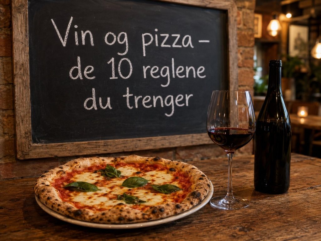 Vin og pizza med en napolitansk pizza og et glass rødvin foran en tavle med teksten «Vin og pizza – de 10 reglene du trenger».