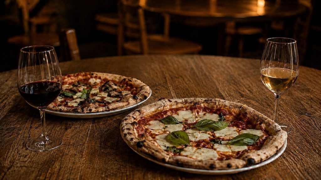 Pizza med rødvin og hvitvin servert på et rustikt trebord.